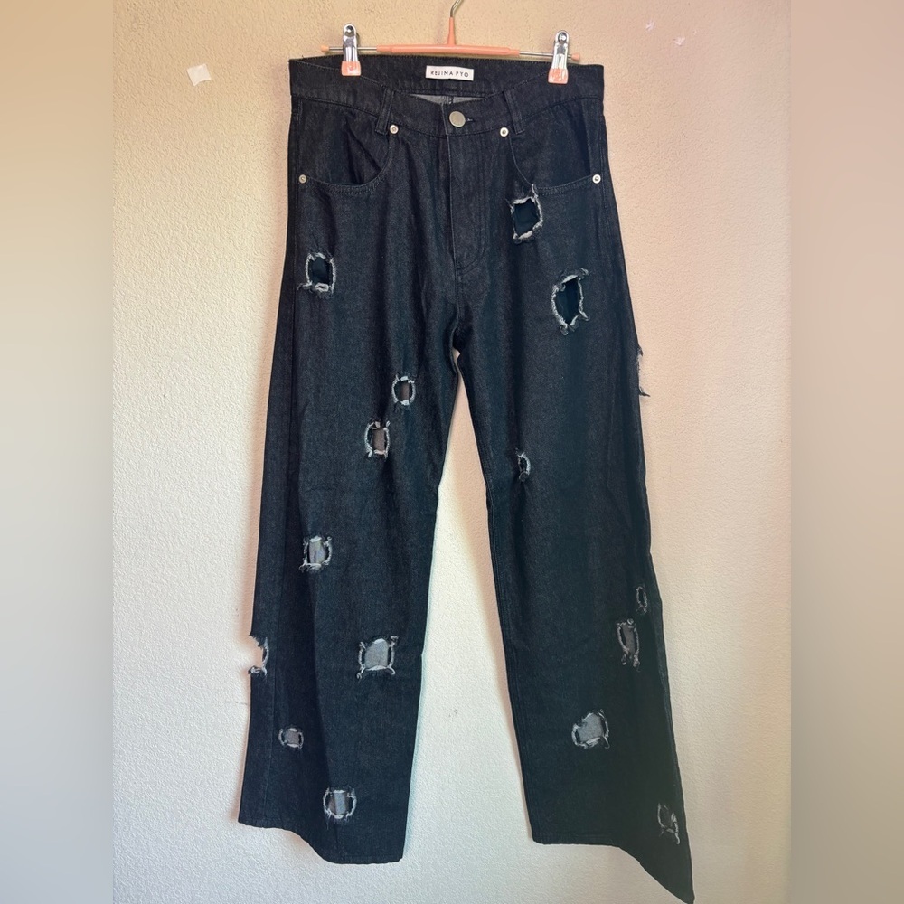 Rejina Pyo Mia Reworked Distressed Cut Out Wide Leg High Rise Relaxed Jeans 10 - Picture 6 of 10